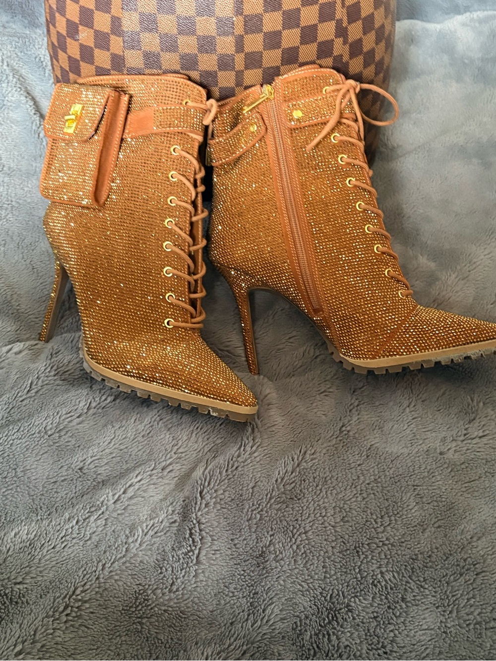 Jennifer Lopez Brown Crystal Lace-Up Stiletto Boots - Picture 2 of 8
